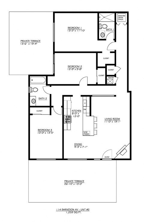Floor plan for 3 beds, 2 baths, 1259 sqft